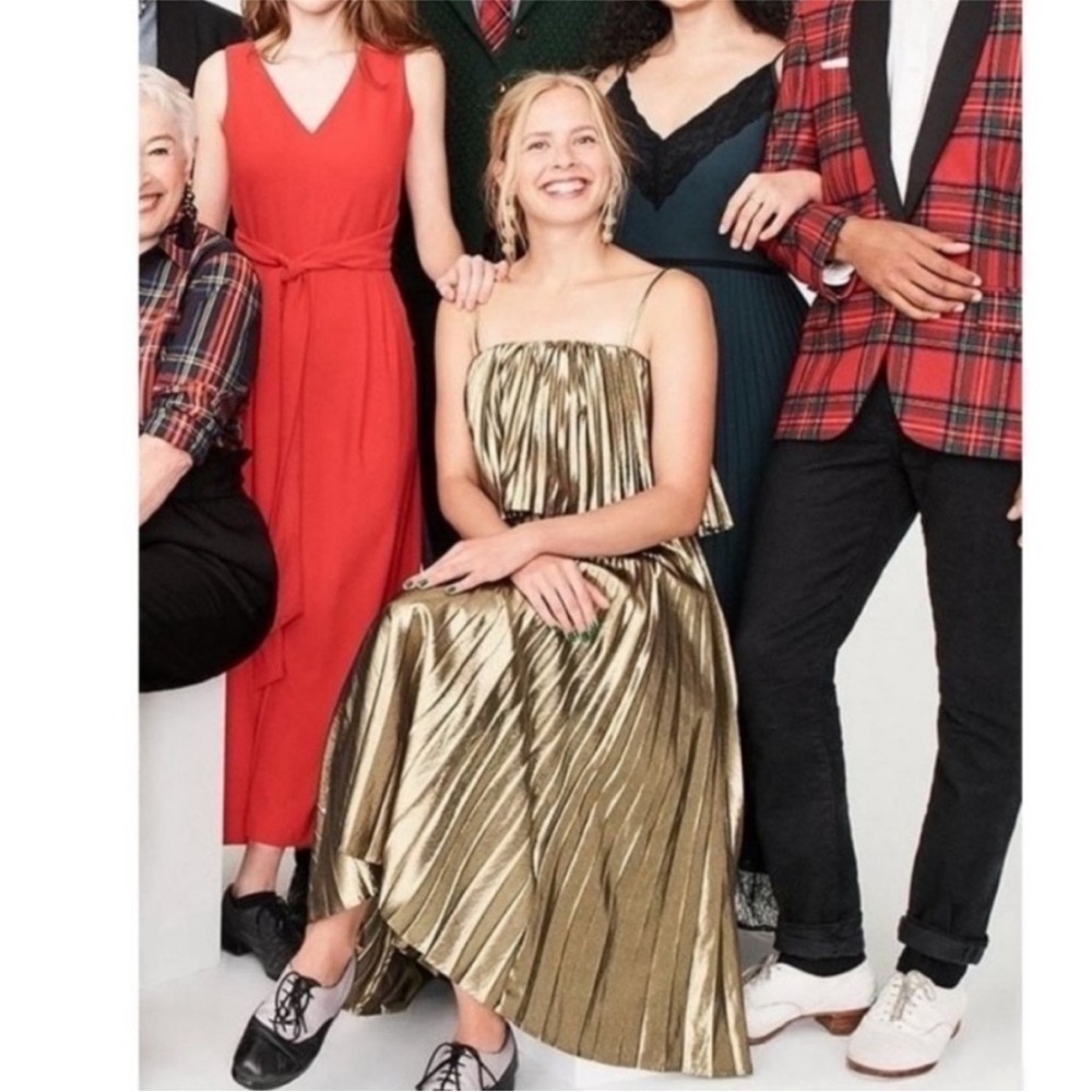 J. Crew Collection Gold Lamé Pleated Midi Dress Size 6 - Picture 4 of 9